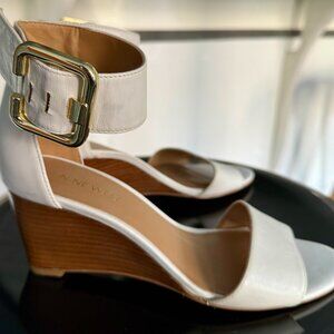 Nine West 6.5M White Low Wedge Heels with Sturdy Ankle Strap